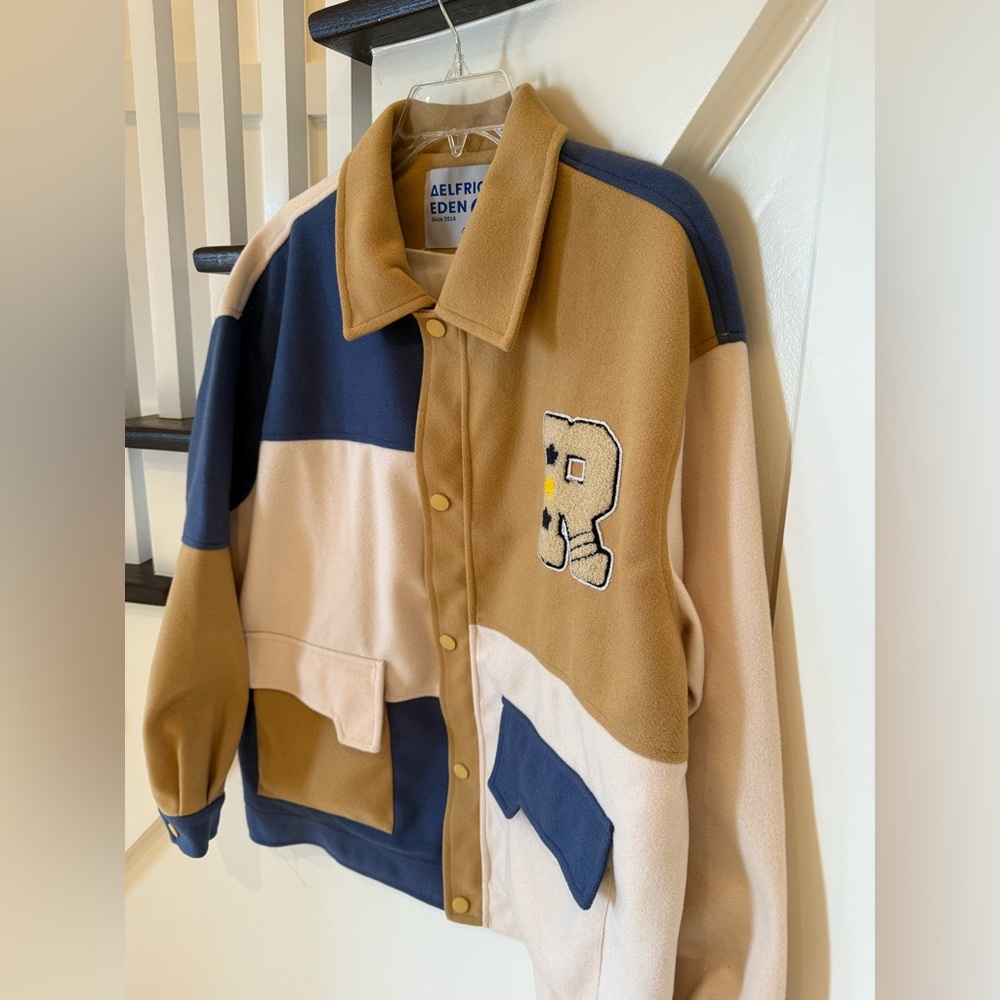 Men's Colorblock Varsity Jacket - Tan & Navy - Picture 6 of 9